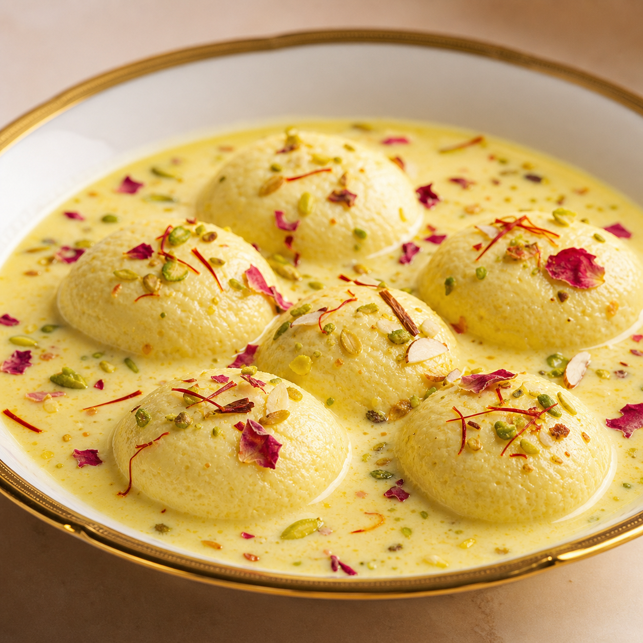 Creamy rich Saffron Rasmalai in milk